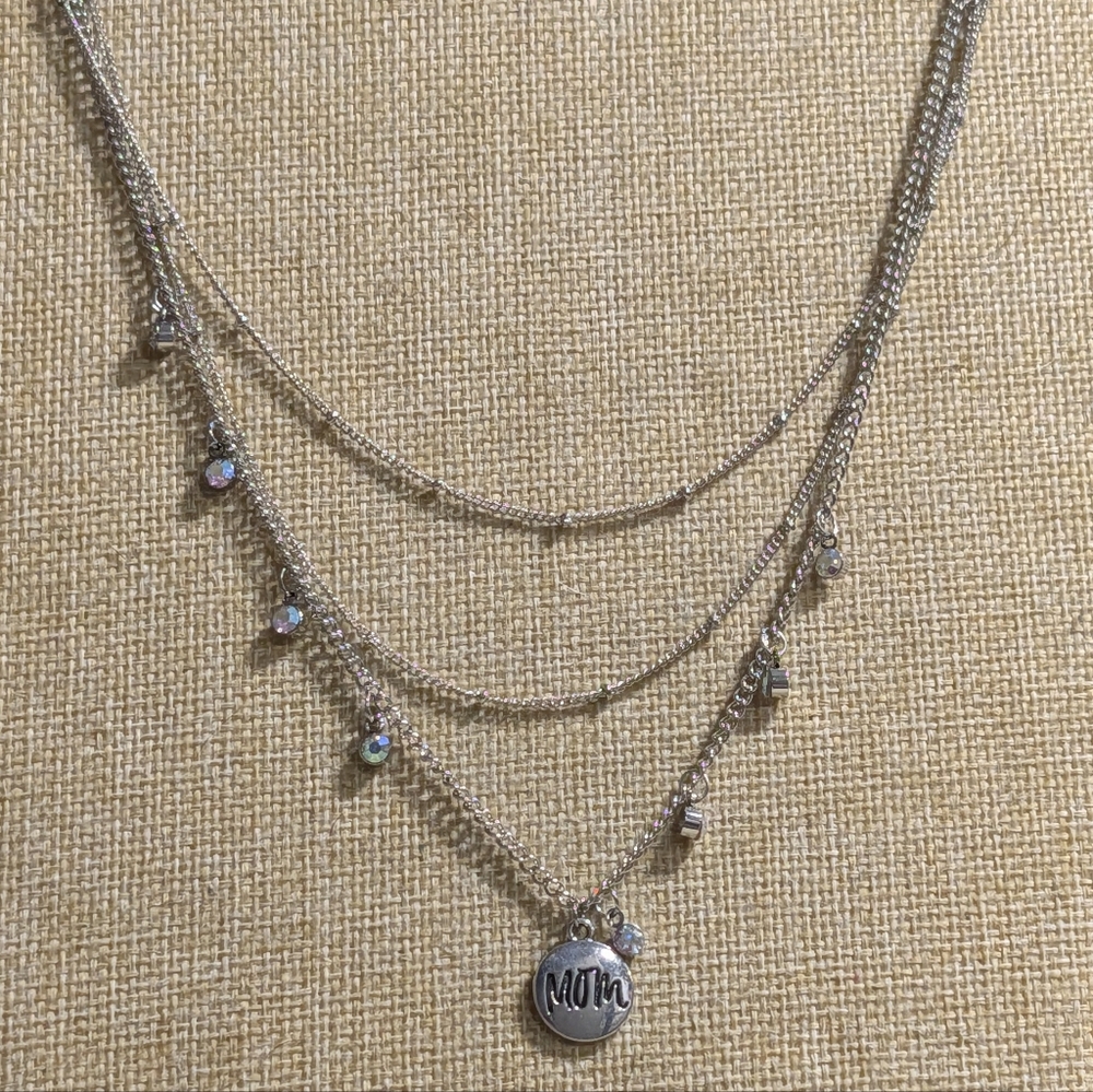 Silver-Tone Layered Rhinestone Dangle "MOM" Pendant Necklace